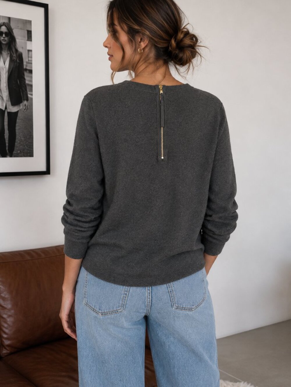 Philosophy Women’s Gray Sweater Size L Crewneck Ribbed Knit Pullover Minimalist